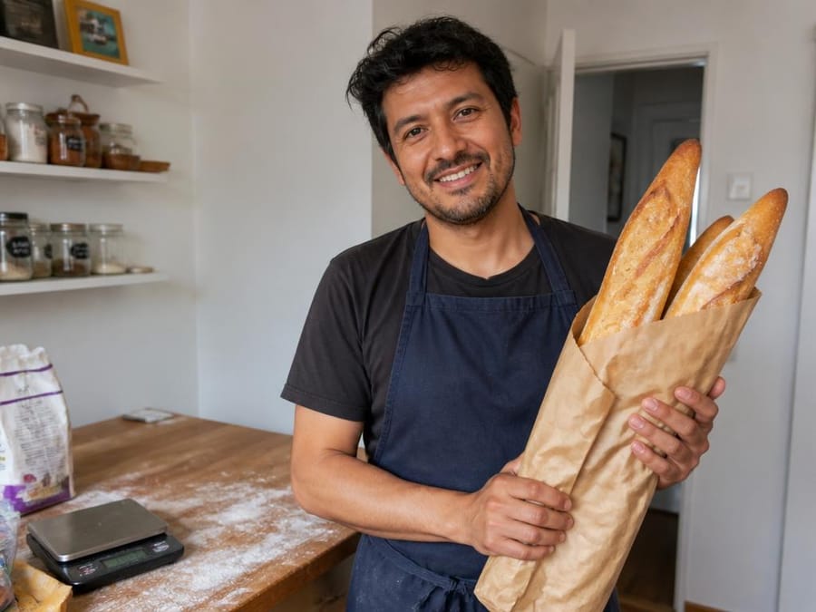 Carlos M. sosteniendo baguettes artesanales en papel kraft