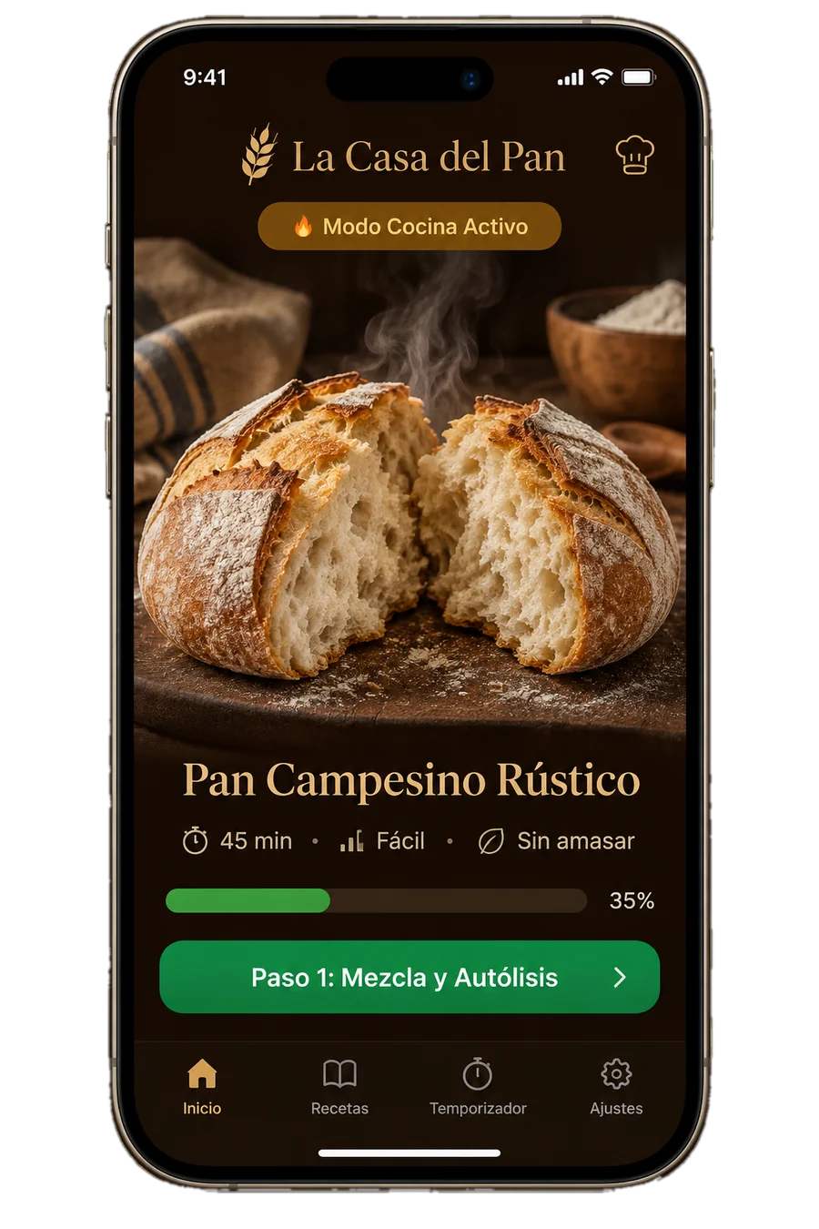 Celular mostrando la app La Casa del Pan en Modo Cocina con el Pan Campesino Rústico, su barra de progreso y el botón Paso 1: Mezcla y Autólisis