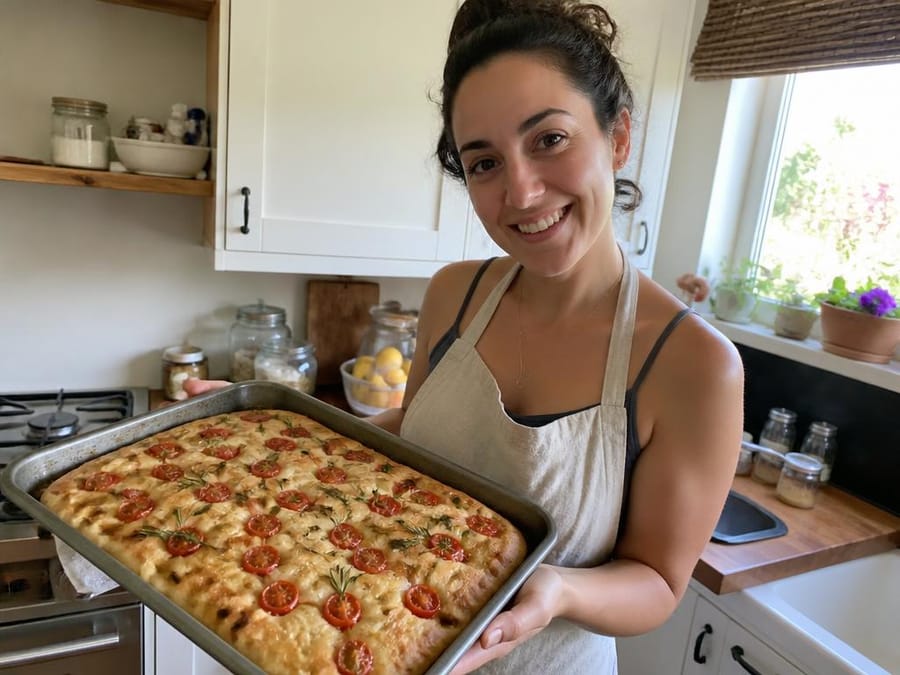 Graciela F. mostrando una focaccia con romero recién horneada