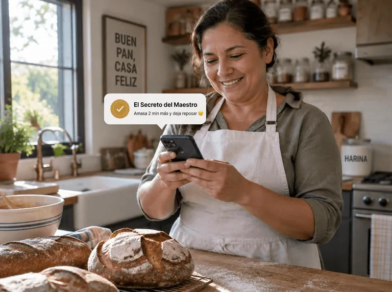 Señora en su cocina recibiendo un consejo del Chef IA en el celular