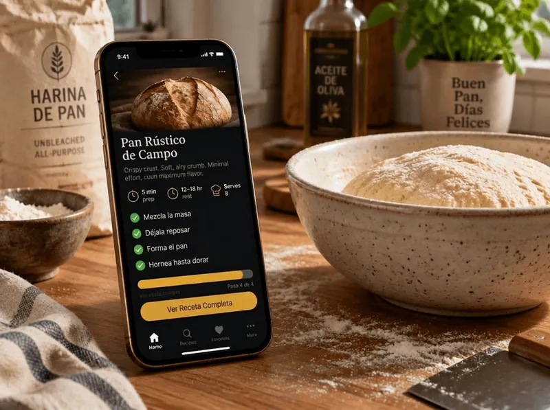 Celular en la bancada mostrando una receta con checklist junto a la masa