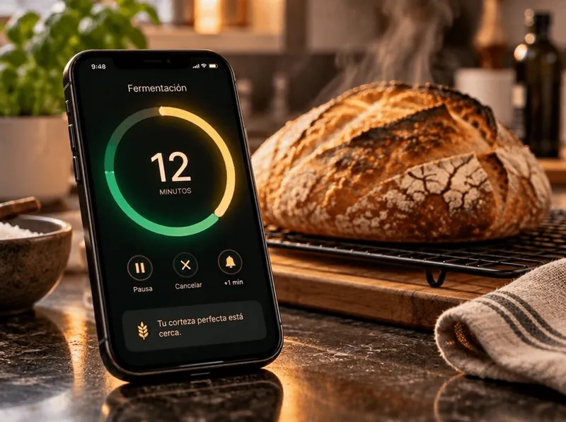 Celular con temporizador de fermentación y pan rústico recién horneado